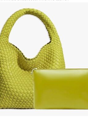 Woven Hobo Tote with Pouch - Chartreuse